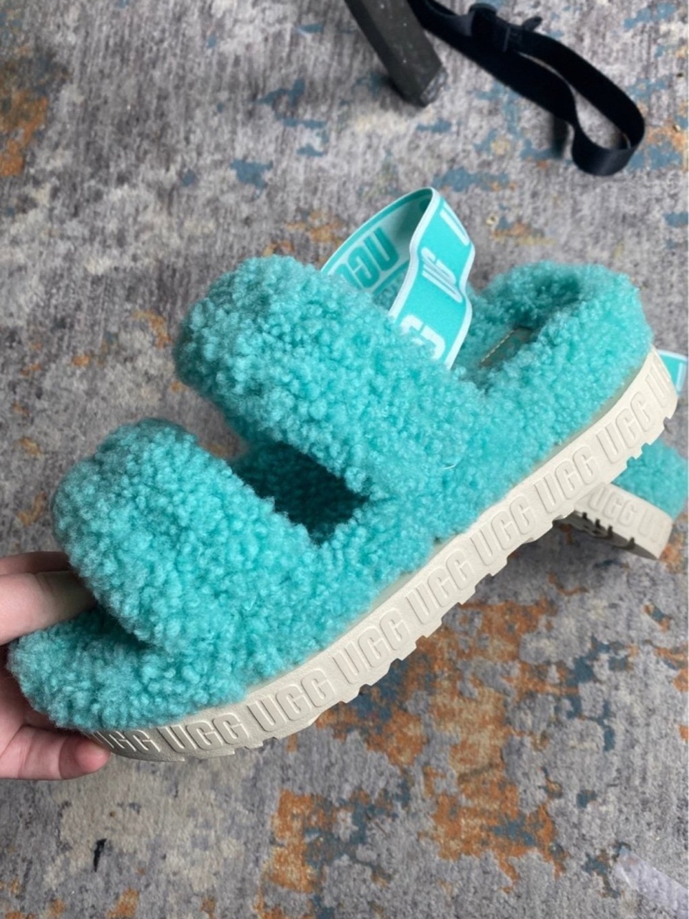 UGG Teal Faux-Shearling Double-Strap Slide Sandals with Branded Heel - Picture 2 of 3